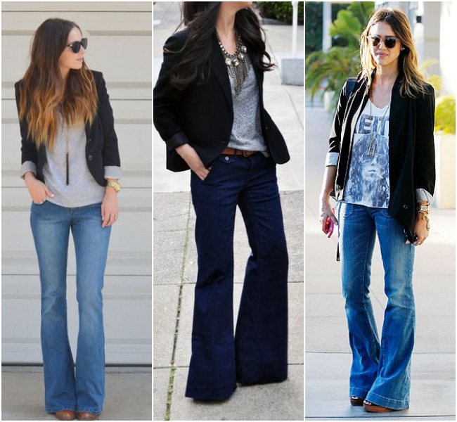 calça jeans flare com blazer