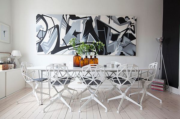 White-dining-room-with-big-graffiti-wall-art
