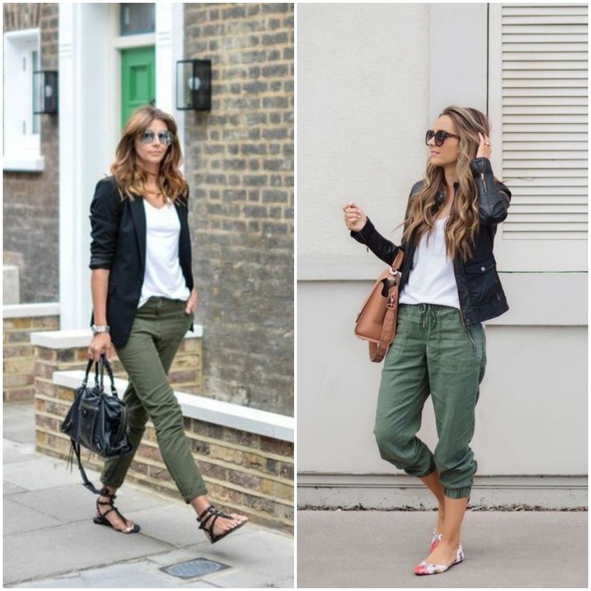 calça verde com blusa preta