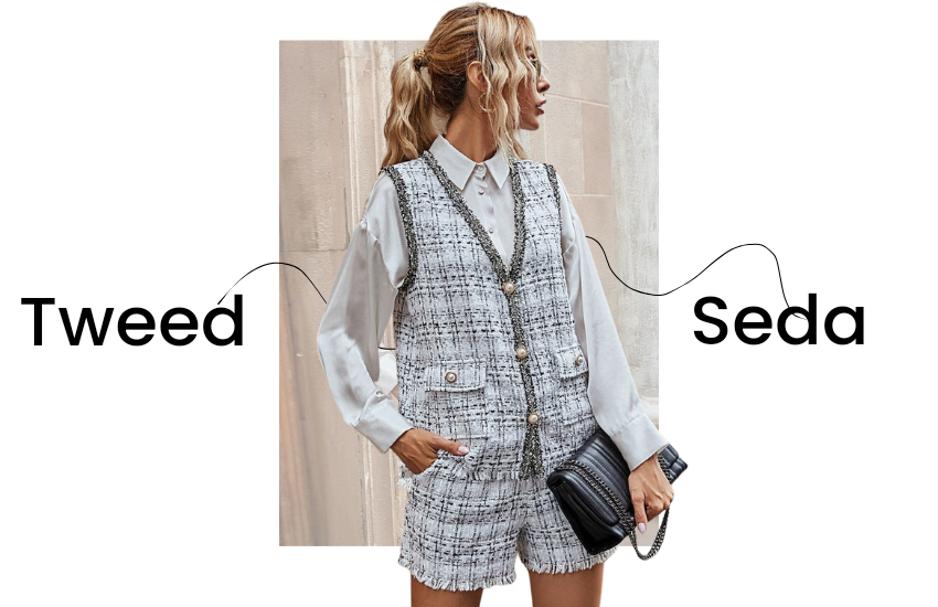 Tweed e seda são um mix de textura perfeito para uma combinação elegante.