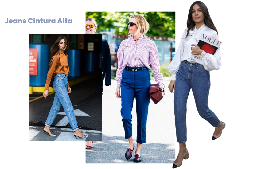 looks com a calça jeans cintura alta passam uma aparência de elegância e sofisticação