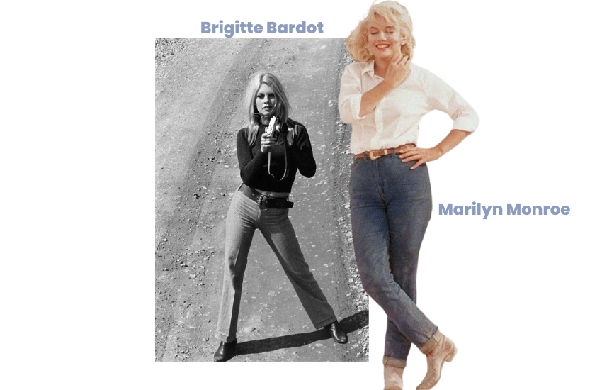 A calça jeans ficou conhecida em hollywood atrvés de celebridades como marilyn monroe e Brigitte Bardot